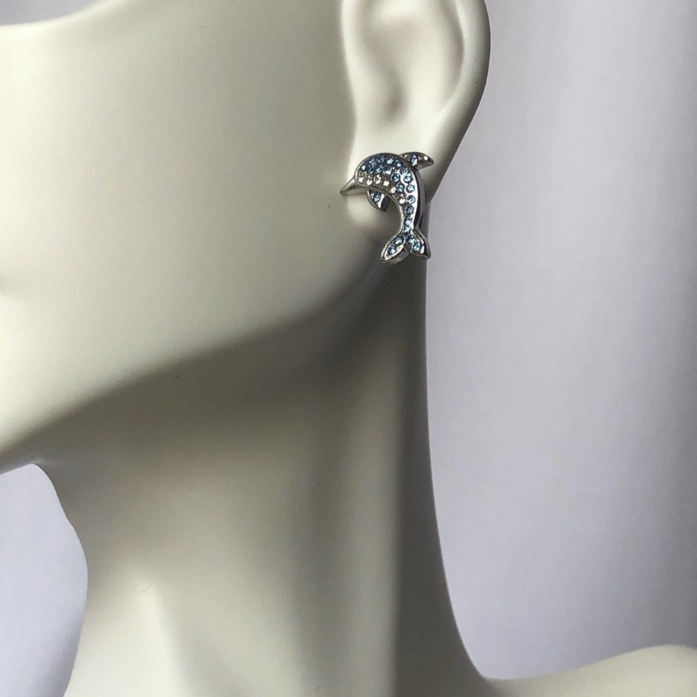 Dolphin crystal rhinestone silver earrings, New - Picture 6 of 14